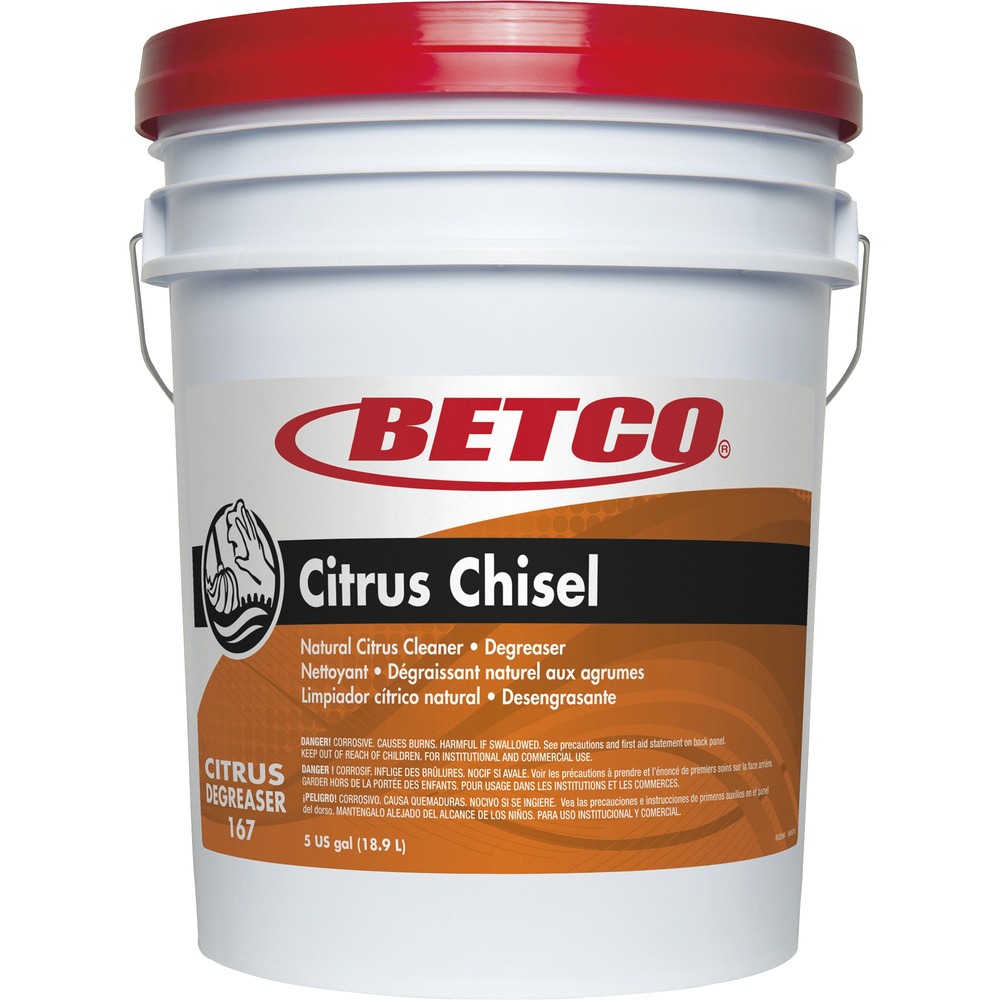 BET1670500 - Citrus Chisel Cleaner/Degreaser contains concentrated, natural citrus-based solvents for light to heavy-duty cleaning. The superior performance of this cleaner/degreaser is provided by a synergistic mixture of natural citrus solvents and a totally unique surfactant system. This non-butyl formula is nonflammable yet it will outclean most solvent cleaners and performs practically any cleaning tasks from factory to kitchen. It quickly penetrates fats, oils and grease-based soils. It deodorizes as it cleans with citrus fragrance.