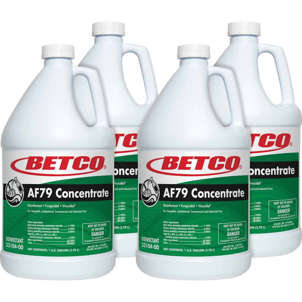 BET3310400CT - AF79 Concentrate Disinfectant cleans, disinfects and deodorizes hard, inanimate surfaces in a restroom. Bactericidal, fungicidal and virucidal, it is proven effective against a broad spectrum of pathogens. Powerful, odor-killing ingredients help to counteract malodors. Use this concentrated, acid-free bathroom disinfectant every day with confidence. It is nonabrasive so it will not harm plumbing, slow septic tank action, etch porcelain or pit fixtures. Nonacid formula is safe for use on all hard, nonporous, water-washable surfaces. It leaves a pleasant, Ocean Breeze fragrance. Dilute with 2 oz per gallon of water (1:64) for medical use. For non-medical disinfection and virucide, dilute 1 oz. per gallon of water (1:128).