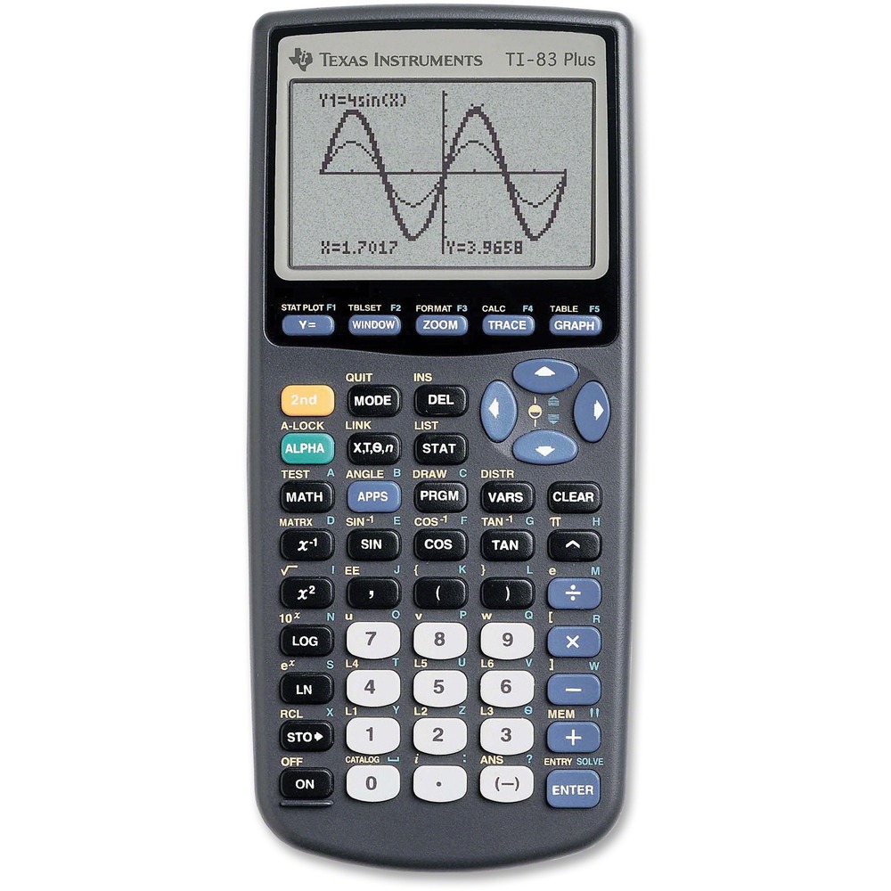 TEXTI83PLUS - The TI-83 Plus is an easy-to-use graphing calculator for math and science. Ideal for algebra through pre-calculus, plus powerful statistics and finance features. Offers flash technology to upgrade. Financial functions include TVM, cash flows, amortization, and complex numbers. Enhanced data analysis includes logistic and sine regressions. Graphs 10 rectangular functions, six parametric expressions, six polar expressions, and three recursively defined sequences. I/O port with unit-to-unit link cable (included). Offers large 64 x 96 pixel, 8 x 16 display; 24KB of RAM; and 160KB Flash ROM memory for data archive and storage of Apps. Applications can be computer stored for later use or linked unit-to-unit. Calculator is powered by included four AAA batteries with a lithium battery backup to protect RAM memory during main battery change.