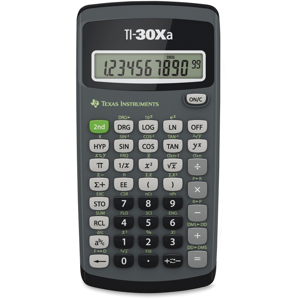 TEXTI30XA - 10-Digit Scientific Calculator is ideal for general math, pre-algebra, algebra 1 and 2, trigonometry and biology. Performs trigonometric functions, logarithms, roots, powers, reciprocals, and factorials. One-variable statistics include results for mean and standard deviation. Calculator also adds, subtracts, multiplies, and divides fractions entered in traditional numerator/denominator format. Conversions include fractions/decimals, degrees/radians/grads, DMS/decimal/degrees, and polar/rectangular. Battery-powered calculator includes slide case.