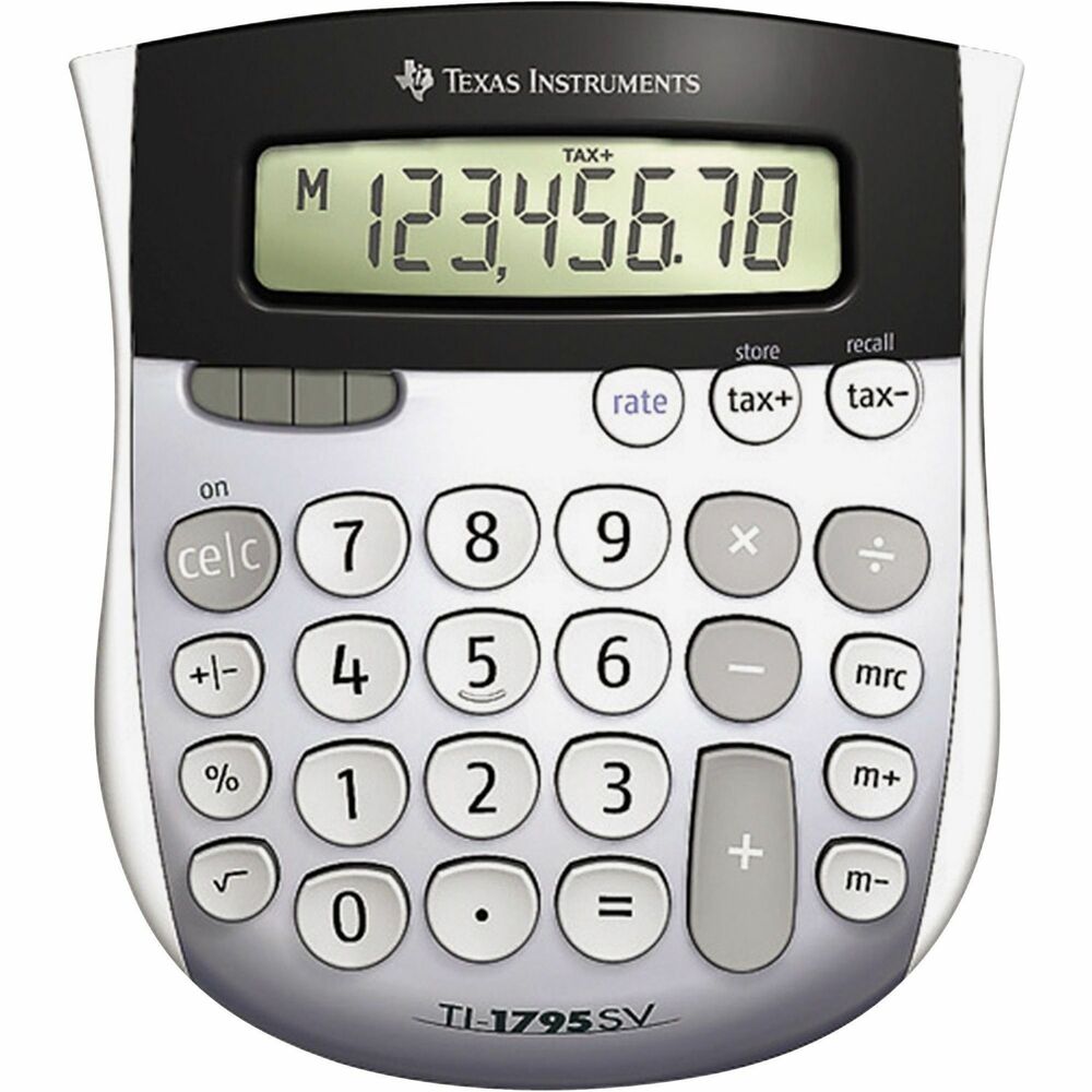 TEXTI1795SV - Classic mini-desktop calculator is ideal for home, office or retail with big keys and a giant SuperView display. Well-spaced keyboard features large, contoured keys for easy operation. The eight-digit LCD is angled for easy viewing. Change sign key simplifies entry of negative numbers. Functions include three-key memory, auto constant, square root, percent key and variable decimal. Calculator runs on solar and battery power to work anywhere.