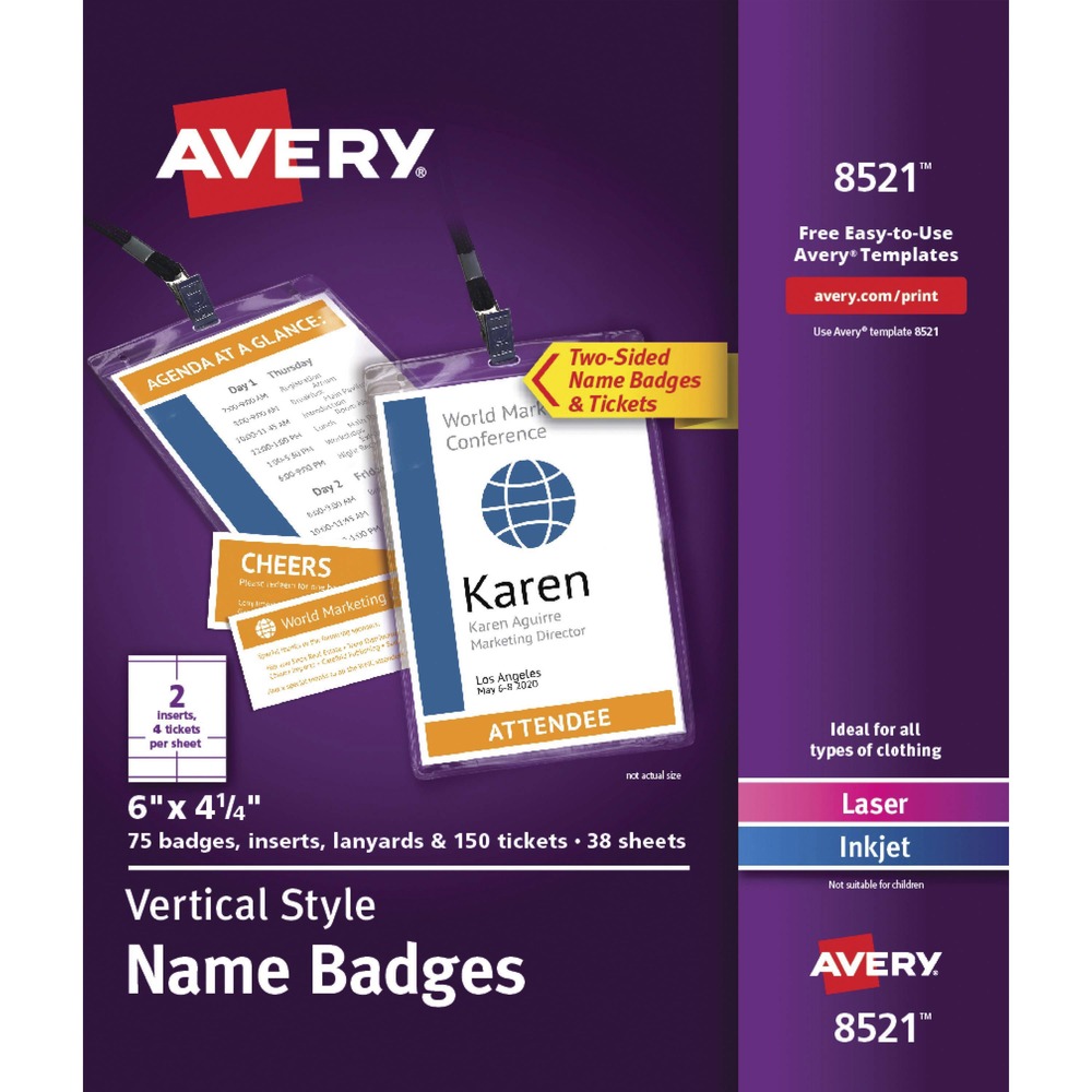 AVE08521 - Make a big impression with these vertical, custom name badges and tickets with lanyards. Vertical layout offers more room for big graphics or extra information such as agendas, schedules and more. Each ID badge insert includes two detachable tickets perfect for complimentary drink tickets, parking tickets or even raffle tickets. Importing names, job titles and company logos is fast and easy with the free, online design software with hundreds of free designs and Avery templates to help you easily create professional-quality, personalized name tags. Microperforated, blank name badge inserts and tickets are printable on both sides and optimized for laser and inkjet printers. Durable badge holders made of clear PVC plastic are reusable for everyday use and display names clearly. Pocket-style design makes loading inserts quick and easy. Use the included lanyards to keep name badges accessible and in place without damaging clothing during conventions, trade shows, festivals and more. More from the Manufacturer