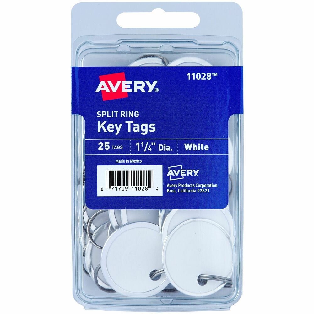 AVE11028 - Quickly organize keys for your home, office and more with metal rimmed 1-1/4" Avery tags with metal split rings. A durable metal edge is lined around the rim of each round tag to protect against creases, tearing and everyday wear and tear. Organizing your assets and adding flair to gifts is easy with these multipurpose tags.The writable surface on both sides of each round paper tag make it easy to customize metal ring tags on demand. The smooth matte surface is compatible with pencils, ballpoint pens, roller pens, gel pens and permanent markers. 25 white key tags are included and the card stock at the center of each tag is created with a sturdy 13 pt paper material.Perfect for creating custom key tags on the go, Avery metal rim tags can also be used for gift tags, crafting supplies and home organization. Attached with a metal split ring, each tag can be easily fastened to wall hooks or into key rings. The split rings are also easy to remove so that they can be replaced with string, ribbons, yarn or any other material through the prepunched hole.