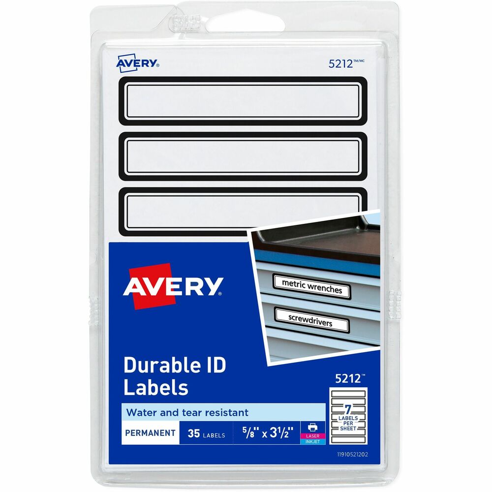 AVE05212 - Tough conditions call for tough labels. Durable ID Labels are water-resistant and tear-resistant film labels that are perfect for labeling toolboxes, storage bins, outdoor sports gear, electronic devices and other items that face exposure to outdoor environments. They stand up to frequent use and resist moisture, scuffing, tearing and smudging. Permanent adhesive sticks to a variety of surfaces, including paper, glass, plastic and metal. Label on the spot - just handwrite on the label (works best with permanent markers) and apply. These durable labels make it easy to mark property, label containers and identify belongings at work or home. Each sheet includes seven rectangular labels (5/8" x 3-1/2"). Each pack contains 35 labels.