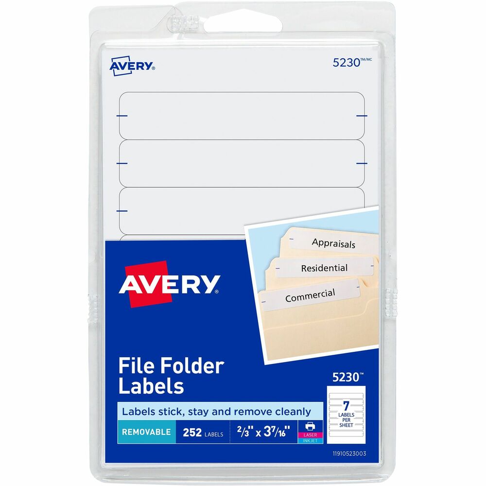 AVE05230 - Make quick changes to your file folders or reuse them with these removable, file folder labels. They are the perfect size for 1/3-cut tabs. Removable adhesive sticks, stays and removes cleanly when you need a change. Write on the labels by hand or achieve a professional look by customizing your labels with free online templates. Rectangular labels are compatible with both laser and inkjet printers. More from the Manufacturer