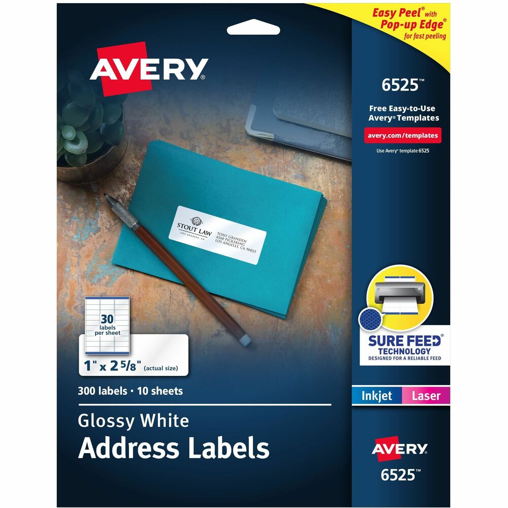 AVE06525 - Create a premium appearance in an instant with these glossy white labels. Eye-catching material on these Easy Peel Address Labels adds a beautiful sheen that helps your print appear brighter and sharper. Sheets also feature exclusive Sure Feed technology to improve print alignment and avoid paper jams in your laser printer. Textured, blue strip on the top of each sheet provides better grip helps feed each page accurately. Permanent adhesive makes sure that the labels hold fast to multiple surfaces including paper, cardboard, plastic, glass, painted metals and film. Unique Easy Peel label design also lets you apply labels as fast as you need them. Simply fold the sheet back to display the Pop-Up Edge for convenient and quick peeling. Personalize with free, online browser-based software to make planner labels, wedding labels, teacher stickers, candy jar labels and more. Each sheet includes 30 rectangular labels (1" x 2-5/8"). Each pack contains 300 labels. More from the Manufacturer