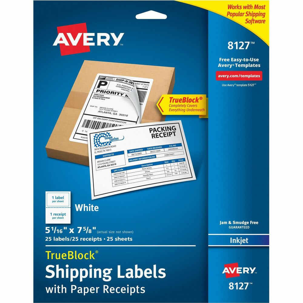 AVE08127 - Easily create distinctive shipping labels with these White Shipping Labels with Paper Receipts. The labels feature TrueBlock technology that blocks everything out underneath letting you reuse boxes and present a clean professional appearance. They work with most popular shipping software. Efficient design combines the shipping label and paper receipt onto one sheet with a perforation so you can easily separate the two. Print your labels on an inkjet printer in one pass, with or without postage, directly from your shipping software or use free, online templates to enter shipping details as well as your own logo or design. Each sheet includes one label.