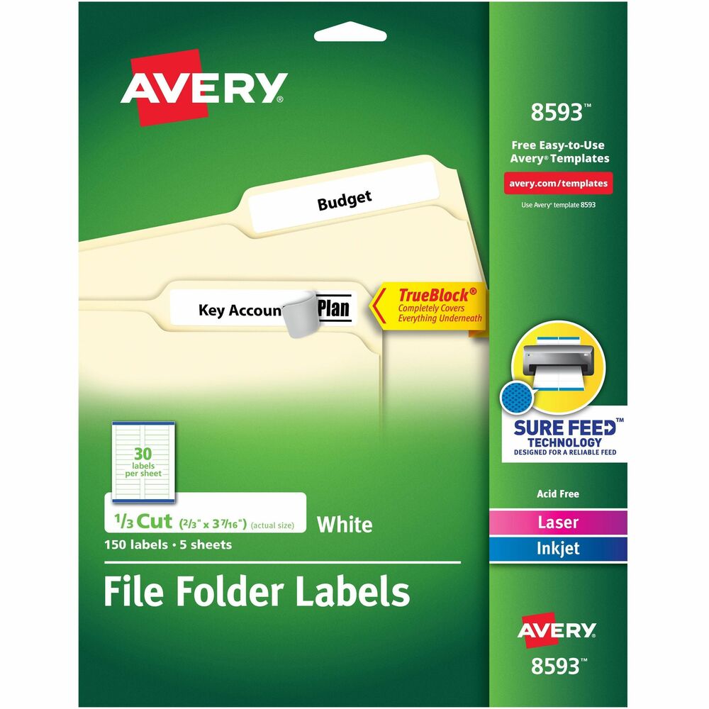 AVE08593 - Bright-white, file folder labels give file folders a clean, professional look. Cover up markings and existing labels completely so they don't show through using labels featuring TrueBlock technology. File folder tab labels are engineered with Sure Feed technology to provide a reliable feed through your printer. Label design offers better print alignment, less jamming and no more wasted labels. Self-adhesive file folder labels are guaranteed to stick and stay without curling or lifting. They are sized for 1/3-cut tabs on file folders. Customize with free, online templates using Avery Design and Print to create your own filing system with custom colors. Labels are printable with laser and inkjet printers. Each sheet includes 30 labels (2/3" x 3-7/16"). Each pack contains 150 labels. More from the Manufacturer
