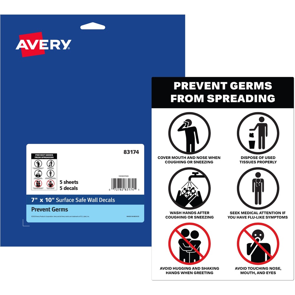 AVE83174 - Help your customers and employees practice healthy habits with these Preprinted Surface Safe Wall Decals that are labeled " Prevent Germs from Spreading." These informative signs provide six easy tips to limit the spreading of germs. Durable polyester is chemical-resistant, water-resistant, abrasion-resistant and tear-resistant. Unique, removable decal adhesive will keep wall decals attached to a wide range of surfaces while also being simple to peel off without leaving damage or residue. Decals are ideal for use on drywall, glass, aluminum, stainless steel, smooth plastic and other common types of walls and textures, but not recommended for use on primed drywall, cardboard boxes, painted wood or plastic surfaces with more textured surfaces. Preprinted, COVID-19 wall signs are crucial for any type of business or location including restaurants, retail stores, hair salons, airports, schools and more. Pack includes five preprinted, 7" x 10" decals. More from the Manufacturer