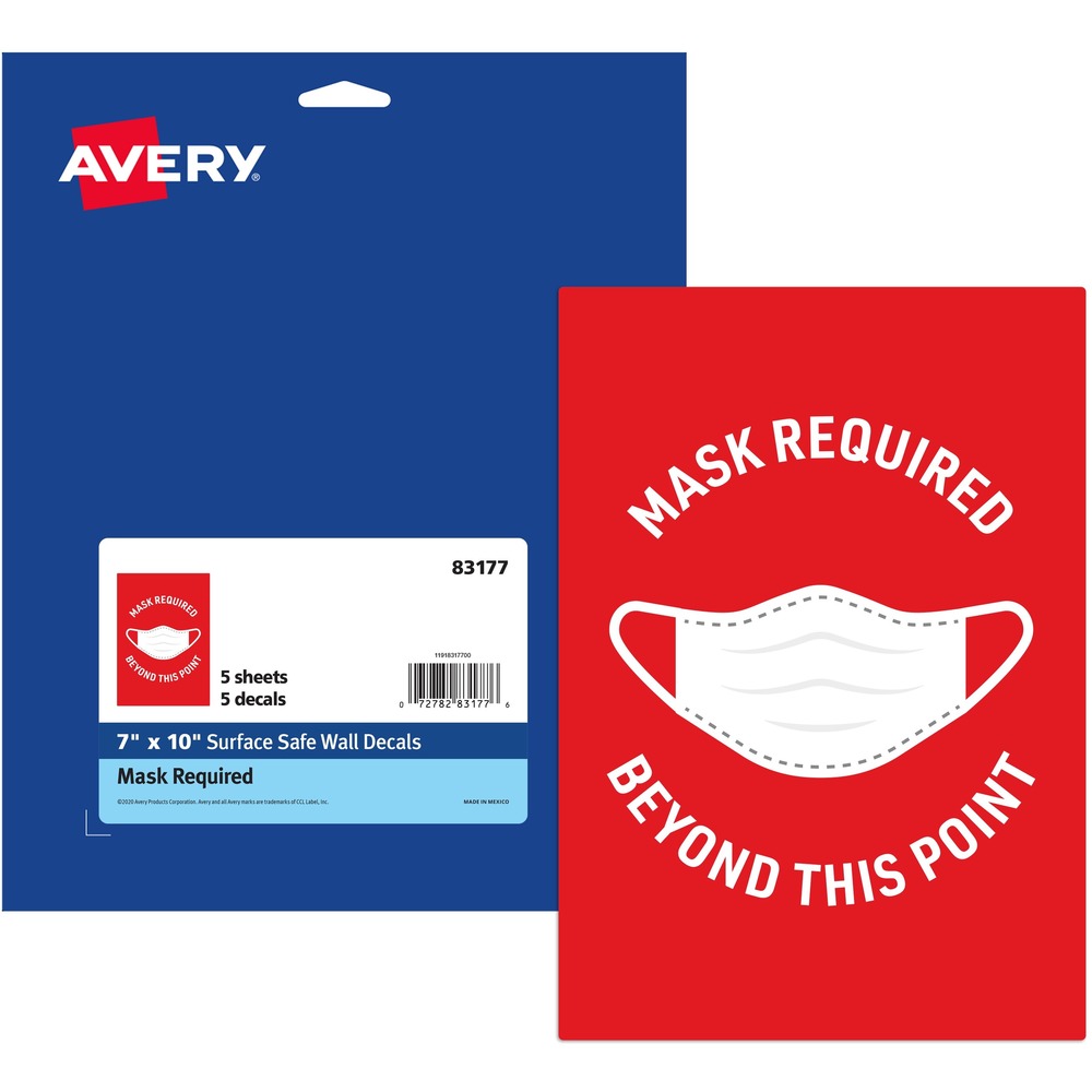 AVE83177 - Help your customers and employees practice healthy habits with these Preprinted Surface Safe Wall Decals that are labeled "Mask Required Beyond This Point." These helpful signs are an eye-catching way to remind people to wear their face masks before entering an area. Durable polyester is chemical-resistant, water-resistant, abrasion-resistant and tear-resistant. Unique, removable decal adhesive will keep wall decals attached to a wide range of surfaces while also being simple to peel off without leaving damage or residue. Decals are ideal for use on drywall, glass, aluminum, stainless steel, smooth plastic and other common types of walls and textures, but not recommended for use on primed drywall, cardboard boxes, painted wood or plastic surfaces with more textured surfaces. Preprinted, COVID-19 wall signs are crucial for any type of business or location including restaurants, retail stores, hair salons, airports, schools and more. Pack includes five preprinted 7" x 10" decals. More from the Manufacturer