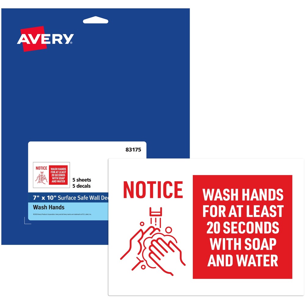 AVE83175 - Help your customers and employees practice healthy habits with these Preprinted Surface Safe Wall Decals that are labeled "Wash Hands for at Least 20 Seconds." These helpful signs are a great way to encourage people to wash their hands for at least 20 seconds. Durable polyester is chemical-resistant, water-resistant, abrasion-resistant and tear-resistant. Unique, removable decal adhesive will keep wall decals attached to a wide range of surfaces while also being simple to peel off without leaving damage or residue. Decals are ideal for use on drywall, glass, aluminum, stainless steel, smooth plastic and other common types of walls and textures, but not recommended for use on primed drywall, cardboard boxes, painted wood or plastic surfaces with more textured surfaces. Preprinted, COVID-19 wall signs are crucial for any type of business or location including restaurants, retail stores, hair salons, airports, schools and more. Pack includes five preprinted, 7" x 10" decals. More from the Manufacturer