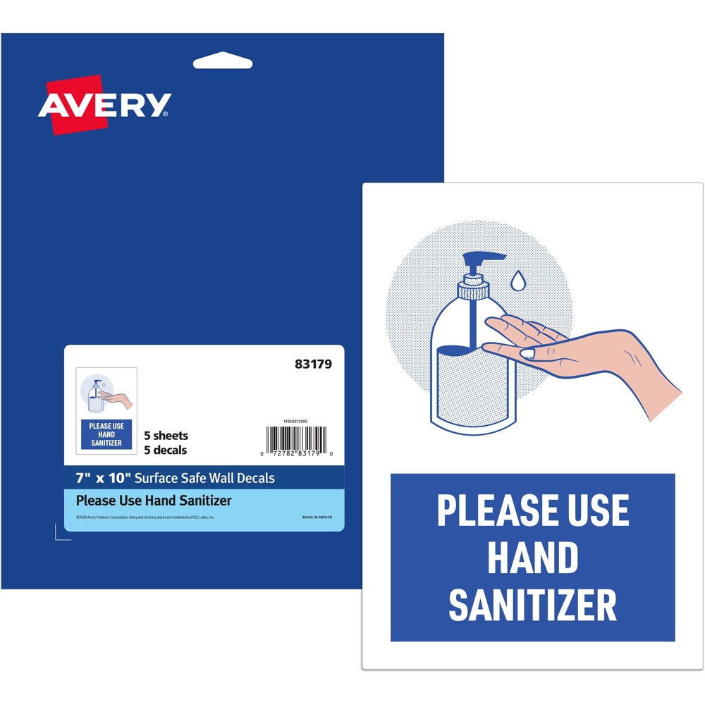 AVE83179 - Help your customers and employees practice healthy habits with these Preprinted Surface Safe Wall Decals that are labeled "Please Use Hand Sanitizer." These helpful signs provide a polite reminder for people to keep their hands sanitized. Durable polyester is chemical-resistant, water-resistant, abrasion-resistant and tear-resistant. Unique, removable decal adhesive will keep wall decals attached to a wide range of surfaces while also being simple to peel off without leaving damage or residue. Decals are ideal for use on drywall, glass, aluminum, stainless steel, smooth plastic and other common types of walls and textures, but not recommended for use on primed drywall, cardboard boxes, painted wood or plastic surfaces with more textured surfaces. Preprinted, COVID-19 wall signs are crucial for any type of business or location including restaurants, retail stores, banks, hair salons, airports, schools and more. Pack includes five preprinted, 7" x 10" decals on 8-1/2" x 11" sheets. More from the Manufacturer