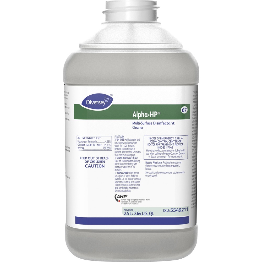 DVO5549211 - An all-in-one, multi-surface disinfectant cleaner is based on proprietary Accelerated Hydrogen Peroxide (AHP) technology to clean and brighten surfaces safely and easily. Hydrogen peroxide active ingredient breaks down to oxygen and water after use. This bactericidal and virucidal, non-food contact sanitizer delivers excellent cleaning performance and environmental profile to meet daily cleaning and disinfection needs. Use as a spray-and-wipe cleaning application and as a floor cleaner on hard, inanimate, nonporous, water-washable surfaces such as floors, countertops, walls, glazed porcelain and plastic surfaces in hospitals, nursing homes, schools, colleges and hotels. Dilution ratio is 1:64. Cleaner as a citrus scent.