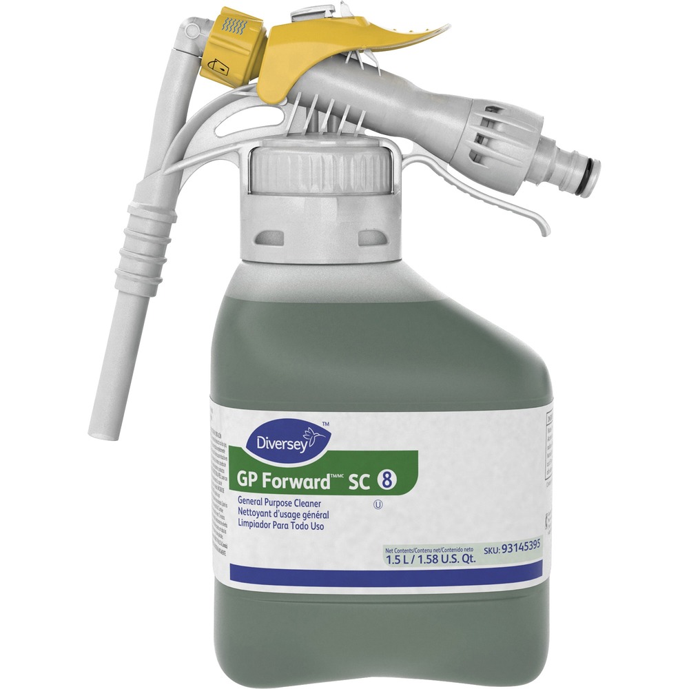 DVO93145395 - Part of the Diversey RTD System, this highly versatile, general-purpose cleaner concentrate contains a blend of high-performance detergents to effectively clean surfaces such as counters, tables and floors. It removes all types of dirt, grit, grease and soap scum with no rinsing required. GP Forward SC General Purpose Cleaner can be used on any water-safe surface and has a pleasant citrus scent. It is excellent for use in scrub and recoat floor-care programs. It works with cold, hot and soft/hard water in mop, bucket, autoscrubber and trigger spray applications. Ergonomically designed handle is portable and connects to any convenient water supply via a standard hose connector. Simply select the dilution required, and the cleaner will be accurately and safely dispensed through its Spill-Tite head every time. Powerful floor stripper with a solvent scent meets Green Seal GS-40 standard for industrial and institutional floor-care products.