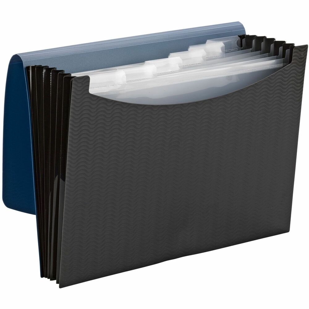 SMD70872 - Part of the Vibrant Line, this Poly Frequency Expanding File features a unique embossed wave pattern or "frequency" design, lending a splash of personality to organization. Six pockets allow organizing by day of the week, project or task. Bottom expands to stand upright on desk for easy document insertion and removal is easy to clean. Blue flap and elastic cord closure keep your letter-size files inside during transport. Durable poly is tear-resistant and water-resistant.