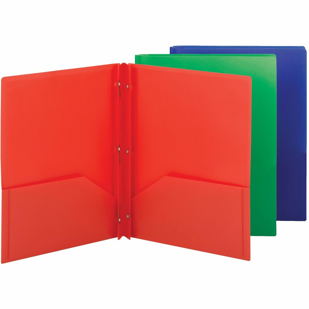 SMD87737 - Keep documents organized and safe using these Poly Two-pocket Folders with fasteners that come in convenient three-packs. Assorted colors include red, green and blue. They are perfect for all types of presentations, proposals and projects. They allow easy storage and transport while keeping your letter-size documents organized and easily accessible. Two large, 4-1/2" high pockets each hold up to 50 sheets. Metal, tang-style fasteners hold up to 80 three-hole punched papers. Inside back pocket is die-cut to hold a business card. Durable poly material is tear-resistant, water-resistant and easy to clean.