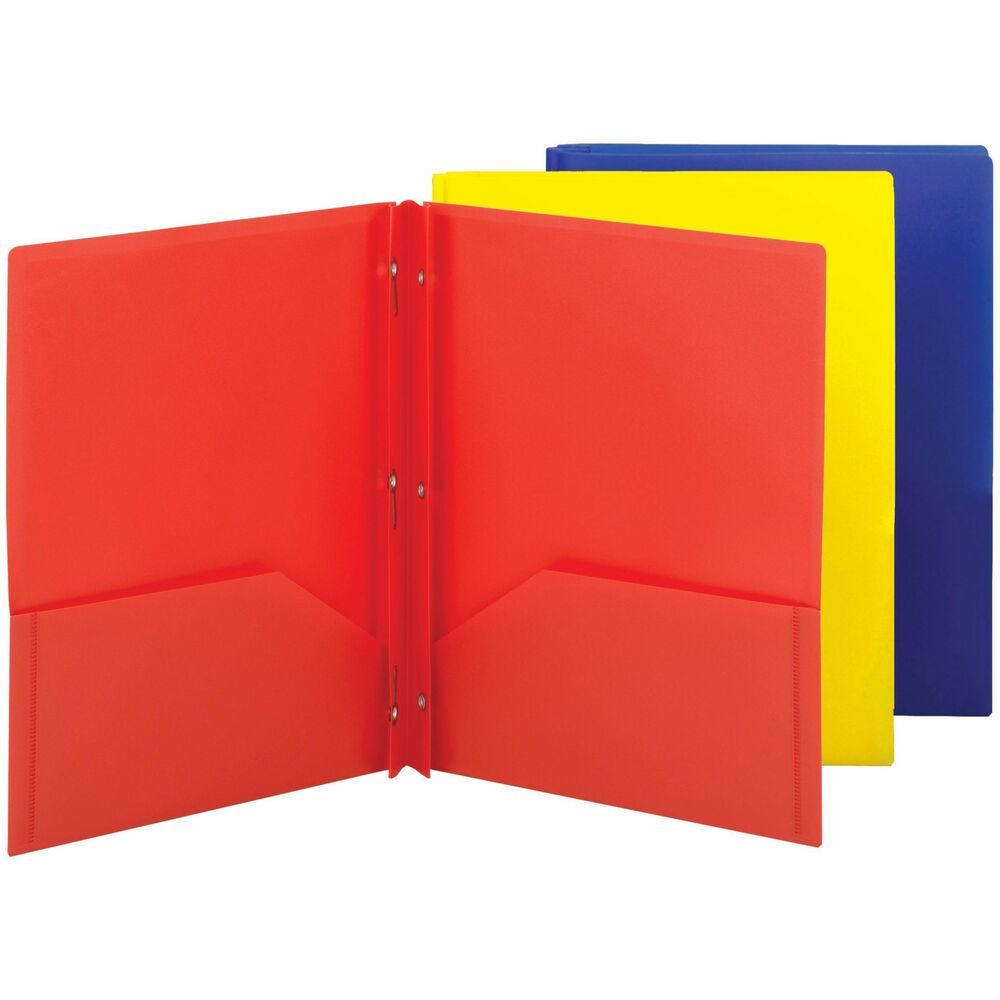 SMD87738 - Keep documents organized and safe using these Poly Two-pocket Folders with fasteners that come in convenient three-packs. Assorted colors include red, yellow and blue. They are perfect for all types of presentations, proposals and projects. They allow easy storage and transport while keeping your letter-size documents organized and easily accessible. Two large, 4-1/2" high pockets each hold up to 50 sheets. Metal, tang-style fasteners hold up to 80 three-hole punched papers. Inside back pocket is die-cut to hold a business card. Durable poly material is tear-resistant, water-resistant and easy to clean.
