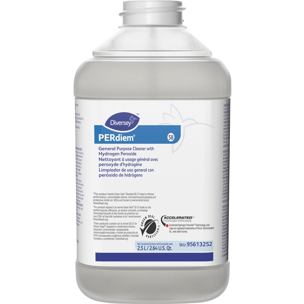 DVO95613252 - Using the patented cleaning power of proprietary Accelerated Hydrogen Peroxide (AHP) technology, this heavy-duty cleaner is safe to clean floors, bathrooms, glass and most hard surfaces, including marble floors. Multiple dilutions allow cleaning a wide range of cleaning applications, including autoscrubbers, mop and bucket and spray-and-wipe applications. PERdiem General Purpose Cleaner with Hydrogen Peroxide comes in a J-Fill bottle that works with the J-Fill dispensing system for dispensing accurate cleaning solutions with no measuring, mixing or mess. Metering tip in every bottle ensures precise dilution, reduces maintenance and eliminates the possibility of tampering with dilution ratios. Simply push a button or squeeze the trigger. Do not use on copper or brass as repeated use may discolor these surfaces. Phosphorous-free cleaner contains no added dyes or fragrance. It is colorless and odorless.