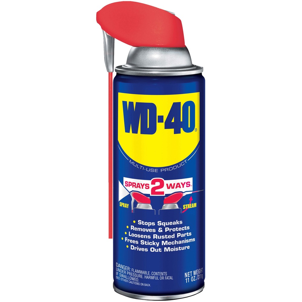WDF490040 - WD-40 Multi-Use protects equipment from rust and corrosion, penetrating stuck parts, displacing moisture and lubricating almost anything. It comes equipped with a Smart Straw to make any industrial job easier, safer and more efficient. Smart Straw sprays two ways: flip up for stream and down for spray. Formula is 50-state VOC-compliant.