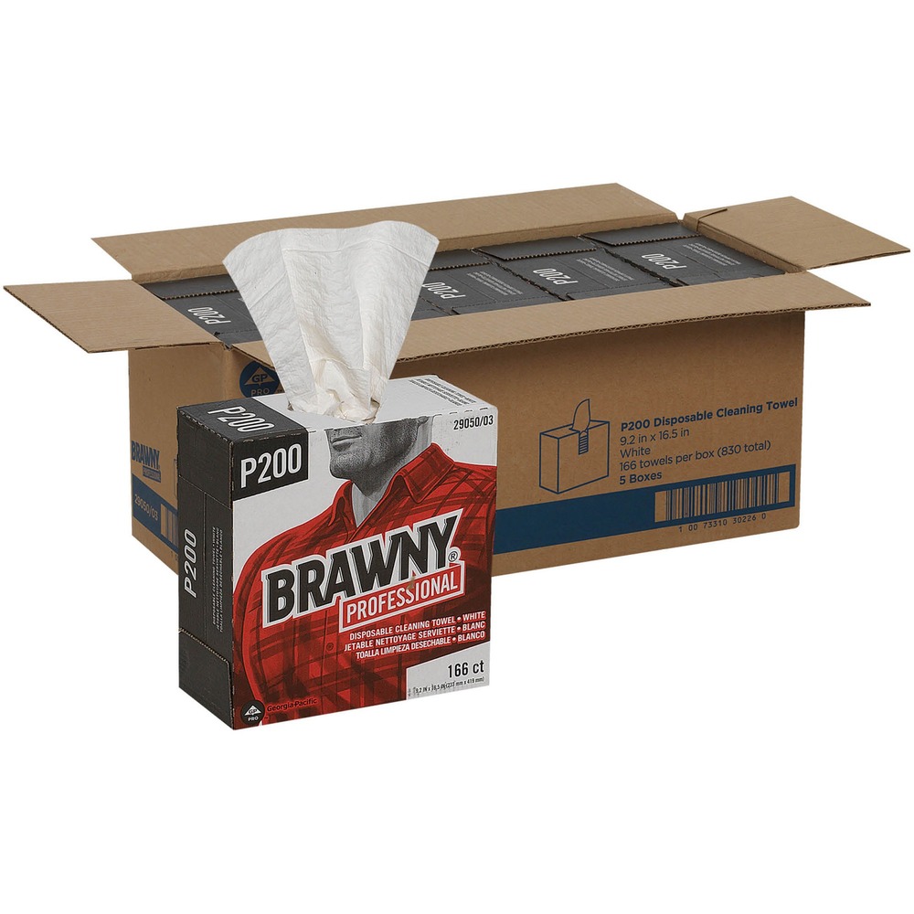 GPC2905003 - Brawny Professional P200 Disposable Cleaning Towels offer high-performing, cost-effective, three-ply quality and absorbency, stronger and more absorbent than ordinary paper towels. These 1/4-fold industrial wipes offer quick streak-free glass cleaning and cleanup of small spills, light lubes and light solvent use. They come in a convenient tall box with a perforated opening that allows quick, convenient dispensing. Portable boxes can be taken wherever a disposable cleaning cloth may be needed, or mount the box on a wall with the Wall Mount for Brawny Professional Wiper Dispenser Boxes (sold separately). Each box contains 166 towels.