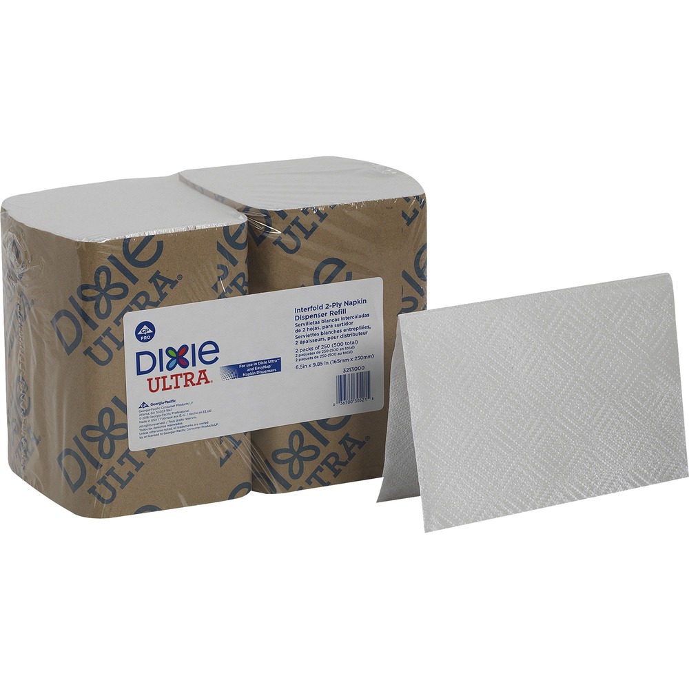 GPC3213000 - Dixie Ultra Interfold 2-Ply Napkin Dispenser Refills provides comprehensive napkin dispensing options to meet versatile operational needs - all with just one napkin. They are embossed for a premium look and feel - soft, strong and absorbent. They are interfolded for one-at-a-time dispensing. Unique fold design allows more napkins per dispenser, which reduces labor costs, improves dispensing and saves valuable space