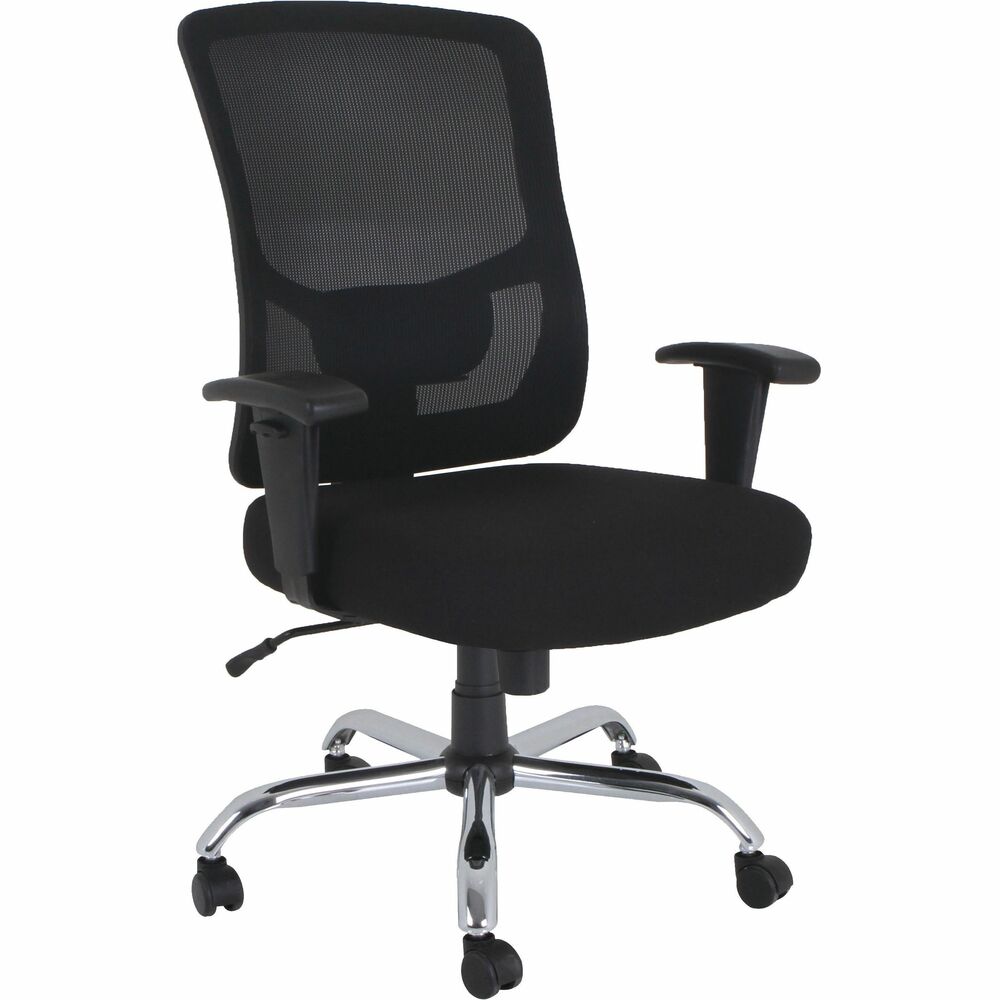 LLR62625 - High-back chair offers bonded a mesh fabric seat, breathable suspension mesh on the back for conforming comfort as well as built-in lumbar support that easily adjusts for ergonomic positioning. Big & Tall design allows a 400 lb. capacity. Arms with soft polyurethane pads adjust in height. Other functions include pneumatic seat-height adjustment, 360-degree swivel and tilt tension. Five-star chrome base is equipped with five heavy-duty casters for easy chair movement.