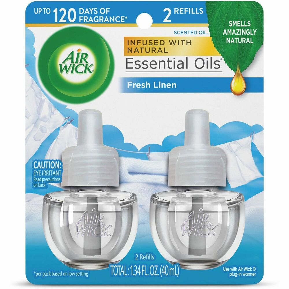 RAC82291 - Leave a lasting impression on guests and ensure a consistent experience using Air Wick Scented Oil Refills with Essential Oils. Keep supply rooms stocked with the pleasant scent your guests associate with your business or home. Get up to 120 days on the lowest warmer setting of a natural-smelling fragrance infused with essential oils. Easily refill your Air Wick plug-in warmer (not included) by unscrewing the cap and inserting the refill until it clicks. Adjust the warmer settings to emit the optimal fragrance in each room. Enhance entrances, common areas, offices, breakrooms and guest rooms with an appealing scent.
