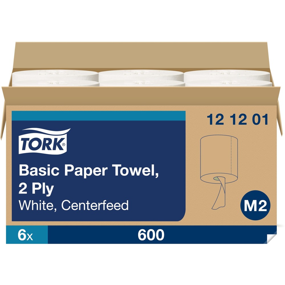 TRK121201 - Tork Basic Centerfeed Paper Wiper White M2:With the Tork Basic Centerfeed Paper Wiper, high quality and high absorbency mean fewer towels are used, resulting in lower costs. The high capacity also cuts down on the need for refills, saving your staff valuable time and effort. Centerfeed towel rolls ensure that you only touch the towel being dispensed, reducing cross-contamination and improving hygiene. These commercial grade paper towels are ECOLOGO certified and compostable.   Advantages at a glance:+ High quality and high absorbency + High capacity for fewer refills+ One-at-a-time dispensing+ For hand and surface wiping+ Suitable for workshops and kitchens+ Made from 100% recycled fiber+ ECOLOGO Certified and compostable+ Easy Handling Carry Box Compatible with Tork M2 Centrefeed Dispensers  More from the Manufacturer