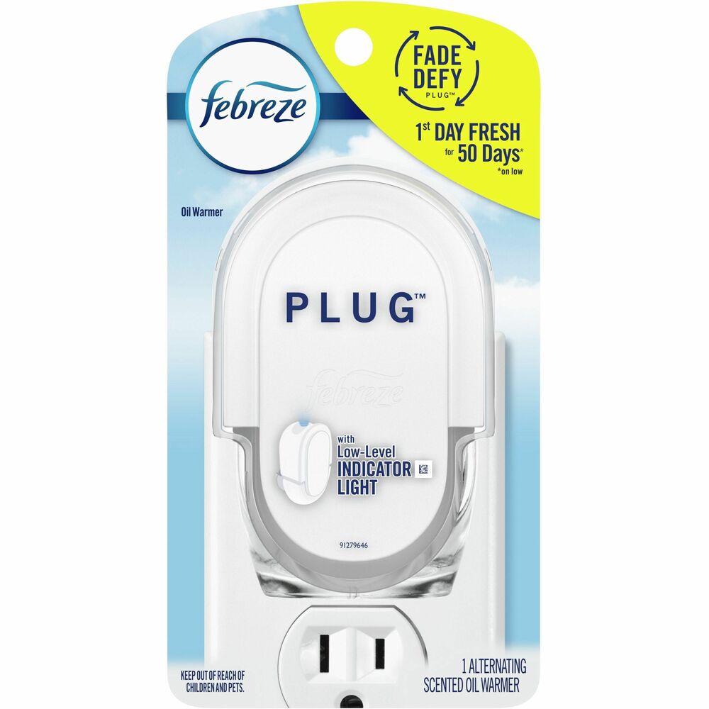 PGC68232 - Febreze PLUG cleans away odors instead of simply covering them up. It cleans away bad smells for 1,200 hours (50 days) with just one pluggable refill (on low setting). Simply plug into any outlet to freshen a room. Proprietary, ramped heating technology prevents fading over the life cycle of the refill (sold separately). Febreze PLUG air freshener refills are compatible with both the classic and the later-model Febreze plug warmer. Dual Chamber holds complementary perfumes to combat the "nose-blind" effect over time. Micro-chip in the plug-in oil warmer allows alternation between the wick for the release of complementary perfume. Intensity control includes three settings (Low, Medium, High). End-of-life light notifies you when your refill is running low.