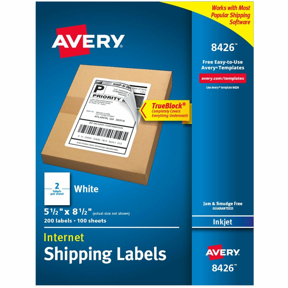 AVE8426 - Create professional-looking labels quickly using Shipping Labels with TrueBlock Technology. Labels with TrueBlock completely cover everything underneath so you can reuse mailing tubes, boxes and more. Bright-white labels have permanent adhesive and are jam-free and smudge-free. They are perfect for creating professional-looking mailings, shipping, bar coding and organizing. Labels are designed for use in inkjet printers. Avery offers many easy-to-use templates for Microsoft Word and other popular software programs. Each sheet contains two labels (5-1/2" x 8-1/2"). More from the Manufacturer