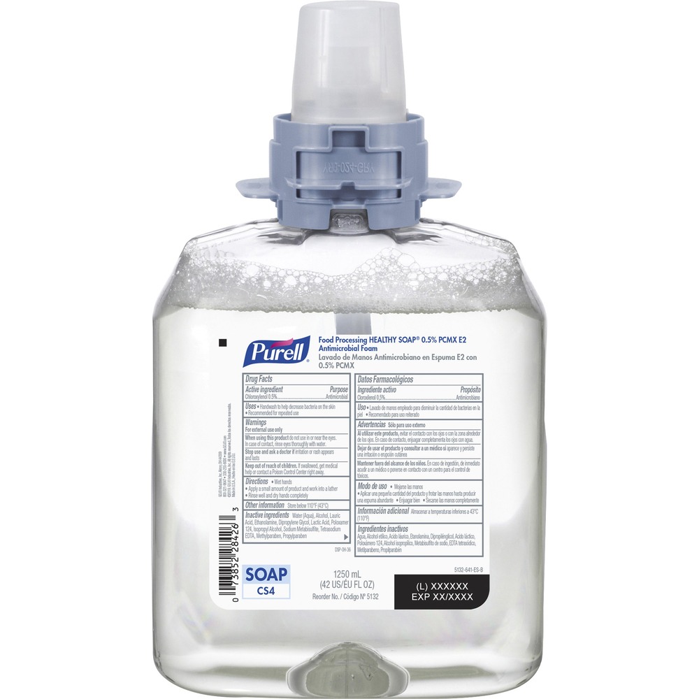 GOJ513204 - One-step, foam handwashing and sanitizing soap refill for the food-processing industry fits in your PURELL CS4 Push-Style Soap Dispenser. Listed with NSF International as an E2 for use in all departments of USDA-regulated food-processing environments, Food Processing Healthy Soap 0.5 percent PCMX Antimicrobial E2 Foam Handwash removes fats, oils and other food-processing soils. This degreasing agent is effective against common germs that may cause illness in a foodservice environment. Certified Kosher formula is dye-free and fragrance-free. Sanitary Sealed PET refill helps prevent contamination and is easily recycled. Each refill comes with a fresh dispensing valve.