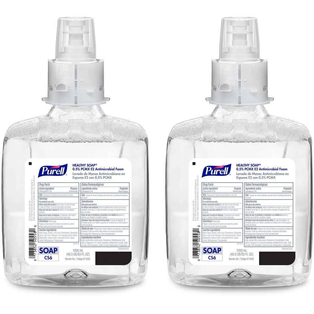 GOJ658202 - One-step, foam handwashing and sanitizing soap refill for the food-processing industry fits in your PURELL CS6 Touch-Free Soap Dispenser. It kills 99.99 percent of germs including the most common foodborne bacterial pathogens. Listed with NSF International as an E2 for use in all departments of USDA-regulated food-processing environments, Food Processing Healthy Soap 0.5 percent PCMX Antimicrobial E2 Foam Handwash removes fats, oils and other food-processing soils. This degreasing agent is effective against common germs that may cause illness in a foodservice environment. Certified Kosher formula is dye-free and fragrance-free. Sanitary Sealed PET refill helps prevent contamination and is easily recycled. Each refill comes with a fresh dispensing valve.