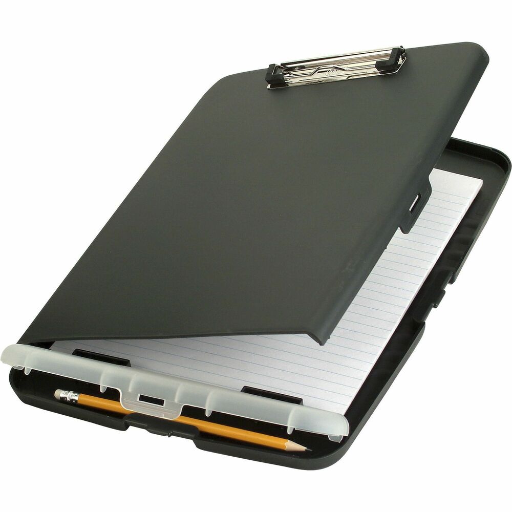 OIC83308 - Slim Clipboard Storage Box features a compact, portable design that easily fits in briefcases or backpacks to give you convenient storage space for files and writing instruments. Low-profile, metal clip with ergonomic finger grips keeps papers tightly secure. Clasp closure prevents the clipboard from opening when traveling. Ample storage space is large enough to store letter-size documents, forms and notepads. Separate storage compartment for pens and pencils prevents them from marking your documents.