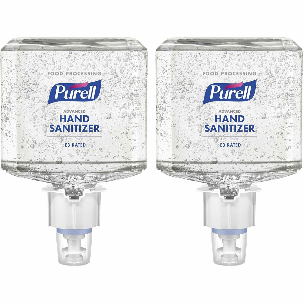 GOJ646102 - E3-rated, no-rinse hand sanitizer gel is designed for use throughout food-processing facilities and fits in your PURELL ES6 Touch-free Hand Sanitizer Dispenser. It kills 99.99 percent of germs, including the most common foodborne bacterial pathogens. Listed with NSF International as an E3 for use in all departments of USDA-regulated food-processing environments, PURELL Advanced Hand Sanitizer E3 Gel is approved for hand/food contact after handwashing. It is EcoLogo Certified to Standard Name UL 2783 and a USDA Certified Biobased Product. Certified Kosher formula is hypoallergenic, dermatologist-tested, dye-free and fragrance-free. AT-A-GLANCE refill design lets you monitor soap levels with just one look. Sanitary Sealed PET refill helps prevent contamination and is easily recycled.