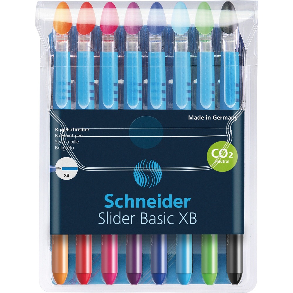 RED151298 - Slider Basic XB Ballpoint Pen features Viscoglide technology for smooth, easy writing that glides across pages. Waterproof ink produces an extra-broad line width for increased visibility and suitability for documentary use. Ink dries quickly and is smudge-proof when highlighting it later. Wear-resistant, stainless steel tip provides consistent writing results and ensures the ink supply is completely used. Slimline design with a transparent barrel allows you to see your ink supply to prevent unexpected runout. Slider Basic XB Wallet comes with eight ballpoint pens to give you the option to write in black, red, blue, light green, orange, violet, pink and light blue. Ballpoint pen is produced with a carbon-neutral process and certified by ClimatePartner.