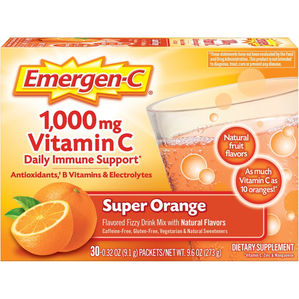 GKC30203 - Emergen-C 1000mg Vitamin C Powder is the delicious way to start your day. Give your immune system a boost with Emergen-C that's packed with key nutrients and more Vitamin C than 10 oranges. Enhanced immune support formula with key nutrients fortifies your natural defenses. One serving provides 1,000 IU (25 mg) Vitamin D and 1,000 mg. Vitamin C. It also contains a proprietary complex with beta-glucans and arabinogalactans plus B Vitamins and electrolytes. This powder drink mix is caffeine-free and made with natural, real fruit flavors - no artificial sweeteners. Mix with 4 to 6 oz. of water for a fizzy, fruity boost of goodness.