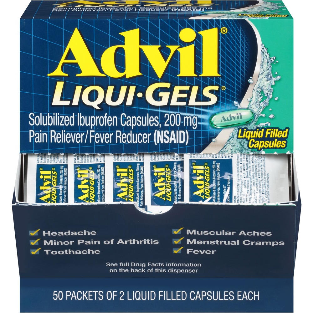 GKC16902 - Advil Liqui-Gels provide fast liquid relief right where you need it most. These liquid-filled capsules get to work in only minutes for powerful relief of headaches, backaches, muscle aches, toothaches, minor arthritis and other joint pain, and aches and pains of the common cold. They fight pain at the site of inflammation. This pain medication/fever reducer is designed for fast absorption, providing hours of pain relief. Each capsule contains 200 mg. of ibuprofen, a non-steroidal, anti-inflammatory drug (NSAID) that is already dissolved, for headache relief, backache relief, menstrual pain relief, joint pain relief and minor arthritis pain relief.