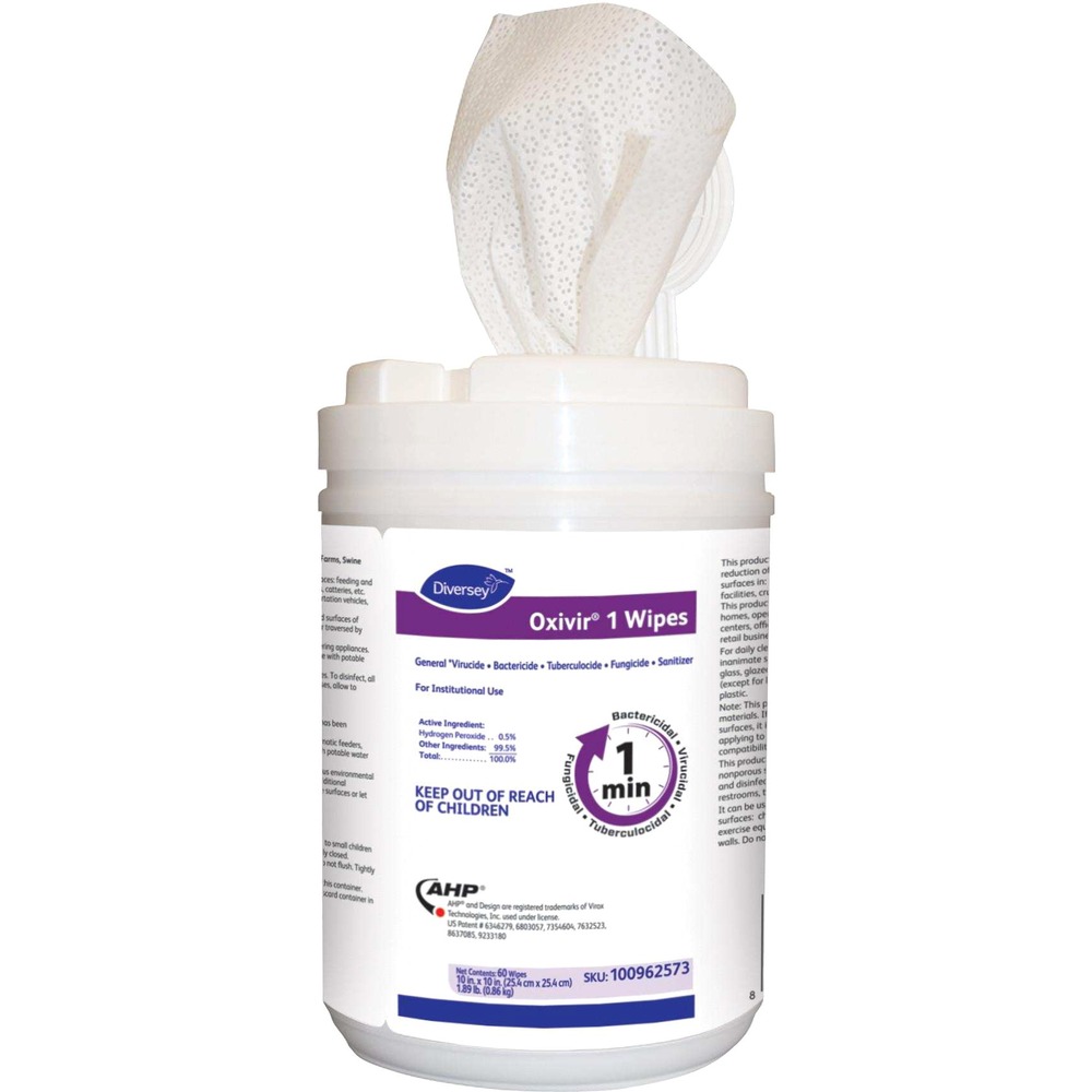 DVO100962573 - Next generation ready-to use, pre-wetted, one-step disinfectant cleaner wipe,based on proprietary AHP technology. Oxivir 1 Wipes are formulated to deliver broad spectrum disinfection in ONE minute or less,with 75 total claims.