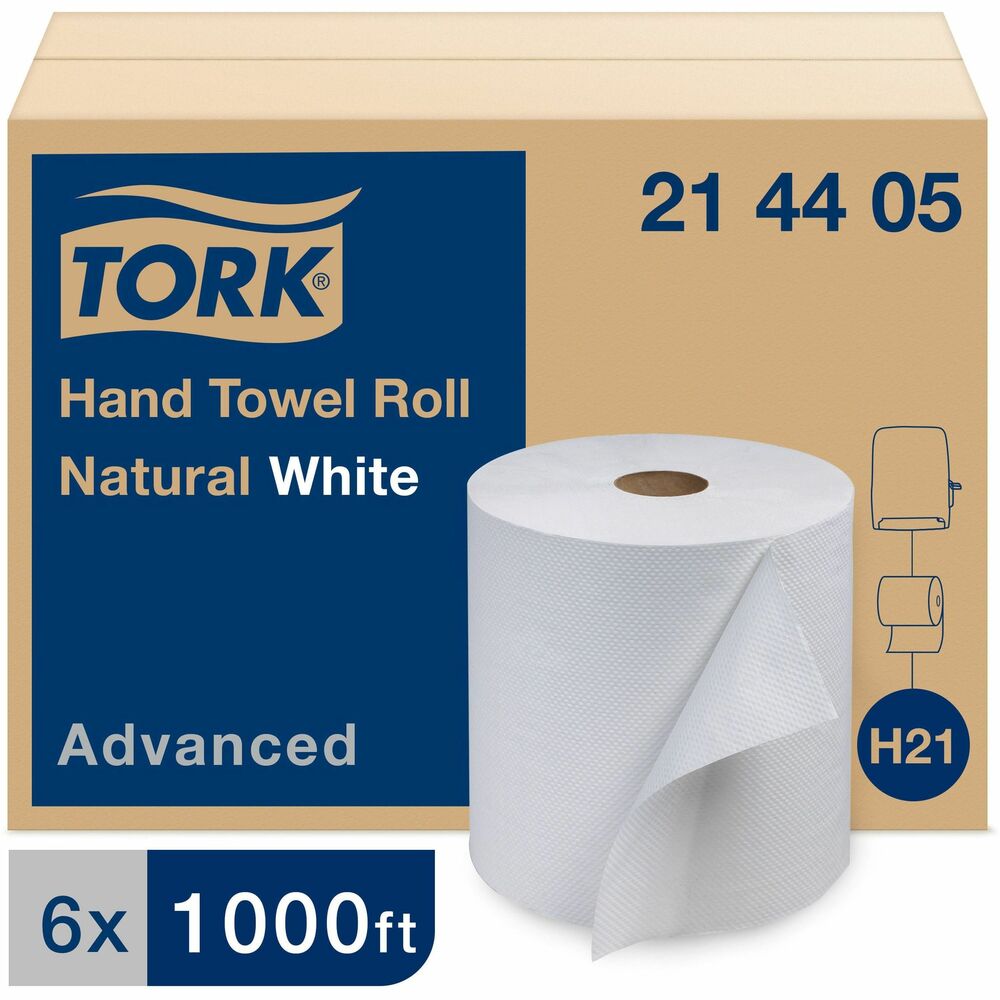 TRK214405 - Tork Advanced Hand Towel Rolls offer 1,000' of paper towels for each roll to help reduce maintenance frequency. High-capacity rolls are designed for businesses seeking to provide their washroom with a combination of soft comfort and sustainability. Highly absorbent paper towels maintain a high-end appearance. Middle-tier towels are suitable for healthcare, manufacturing, industrial and educational facilities. FSC-certified material is made from fresh, wood-based fiber. One-ply rolls are compatible with Tork Hand Towel Roll Dispenser with Lever Auto Transfer; Tork Hand Towel Roll Dispenser with Push-Bar Auto Transfer; Tork Hand Towel Roll Dispenser with Lever; and Tork Electronic Hand Towel Roll Dispenser with Touch-Free Auto Transfer (none included).