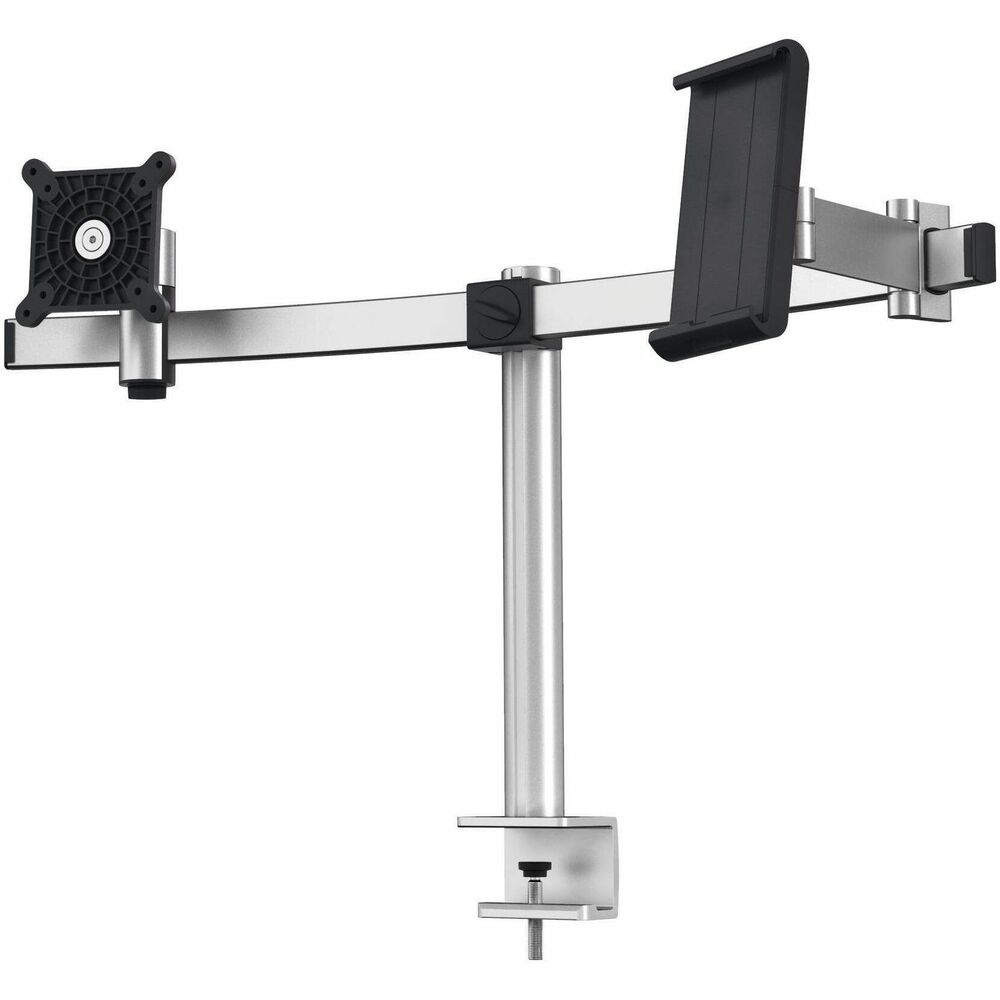 DBL508723 - Monitor Mount features a dual-mount design to comfortably display both a monitor and tablet. Both arms are individually adjustable to change the height, tilt and orientation without moving the other arm. Safety system protects fingers from jamming between the moving components. Five individually attachable, cable clips ensure orderly cable management. High-quality construction is made of durable components for a long product life. 360-degree, rotatable monitor allows you to work in portrait or landscape. Monitor mount fits standard/curved monitors from 21" to 27" and 6.5 to 17.5 lb. Tablet holder can be used with all tablet sizes from 7" to 13". Tablet holder is completely rotatable with snap-in points at every 90 degrees. Lockable design protects against tablet removal. Table clamp fits tables with thicknesses from 1/2" to 1-3/4". More from the Manufacturer