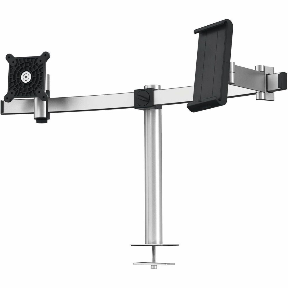 DBL508823 - Monitor Mount features a dual-mount design to comfortably display both a monitor and tablet. Both arms are individually adjustable to change the height, tilt and orientation without moving the other arm. Safety system protects fingers from jamming between the moving components. Five individually attachable, cable clips ensure orderly cable management. High-quality construction is made of durable components for a long product life. 360-degree, rotatable monitor allows you to work in portrait or landscape. Monitor mount fits standard/curved monitors from 21" to 27" and 6.5 to 17.5 lb. Tablet holder can be used with all tablet sizes from 7" to 13". Tablet holder is completely rotatable with snap-in points at every 90 degrees. Lockable design protects against tablet removal. Through-desk mounting fits tables with thicknesses from 1/2" to 1-3/4". More from the Manufacturer