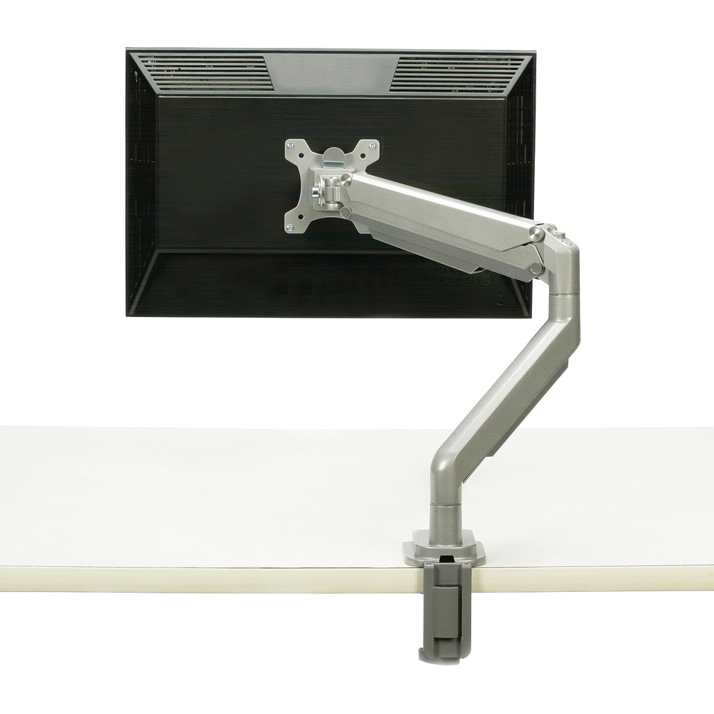NSN6915486 - Single-monitor arm adjusts with one-touch technology. It mounts via c-clamp or grommet. Fully Articulating Gas-Spring Ergonomic Monitor Single Arm is for use with flat or curved dual monitor up to 32" and up to 19.8 lb. It ergonomically adjusts for height and screen distance and attaches via VESA plates. Arm rotates and swivels 360 degrees with tilt adjustment. Cord-management system makes it easy to arrange your cables.
