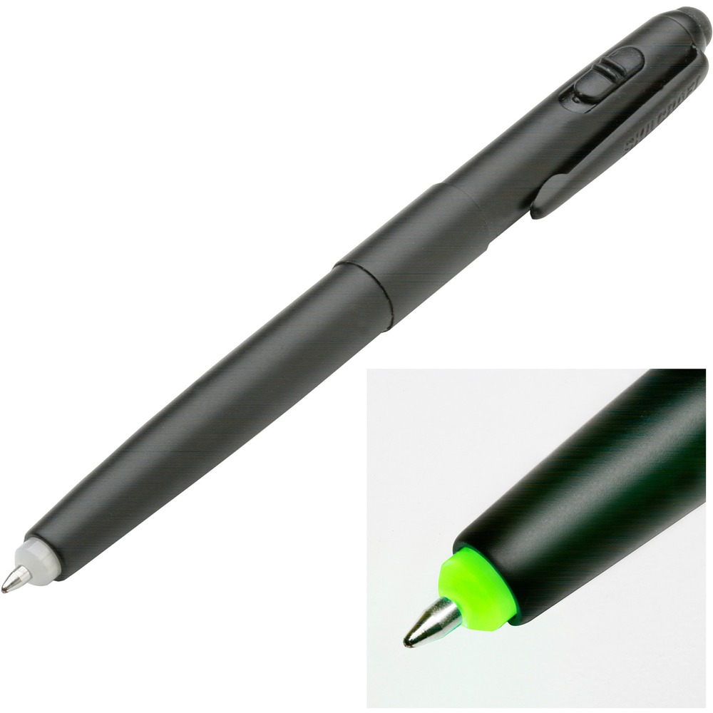 NSN6910488 - Luminator LED Light Pen features a green LED light that illuminates as you write. Pressurized filler writes in extreme weather, including cold and wet, or in-flight and zero-gravity conditions. It is built to last with a nonreflective metal barrel that withstands heavy-duty use. Twist writing mechanism retracts the tip. Refillable pen includes battery, spare battery, ink refill and handle pocket clip.