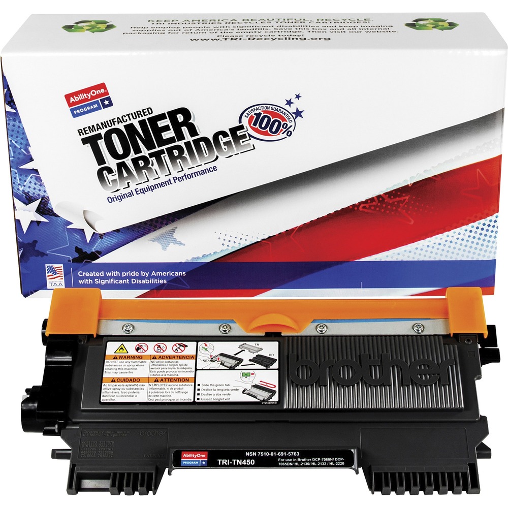 NSN6915763 - Remanufactured toner cartridge is designed for use in Brother DCP-7060N, DCP-7065DN; HL-2130, HL-2132, HL-2220, HL-2230, HL-2240D, HL-2250DN, HL-2270DW, HL-2275DW, HL-2280DW; IntelliFax-2840, IntelliFax-2940; MFC-7240, MFC-7360N, MFC-7365DN, MFC-7460DN and MFC-7860DW. AbilityOne toner provides strategic opportunities to address a variety of customer needs including significant savings, guaranteed performance, compliance with executive orders and free recycling solutions. Plus, every purchase creates jobs for people with disabilities. TAA-compliant cartridge is assembled in the U.S.A., made using 35 percent post-consumer content and meets ISO 14001 recycling standards. High-yield cartridge yields approximately 2,600 pages.