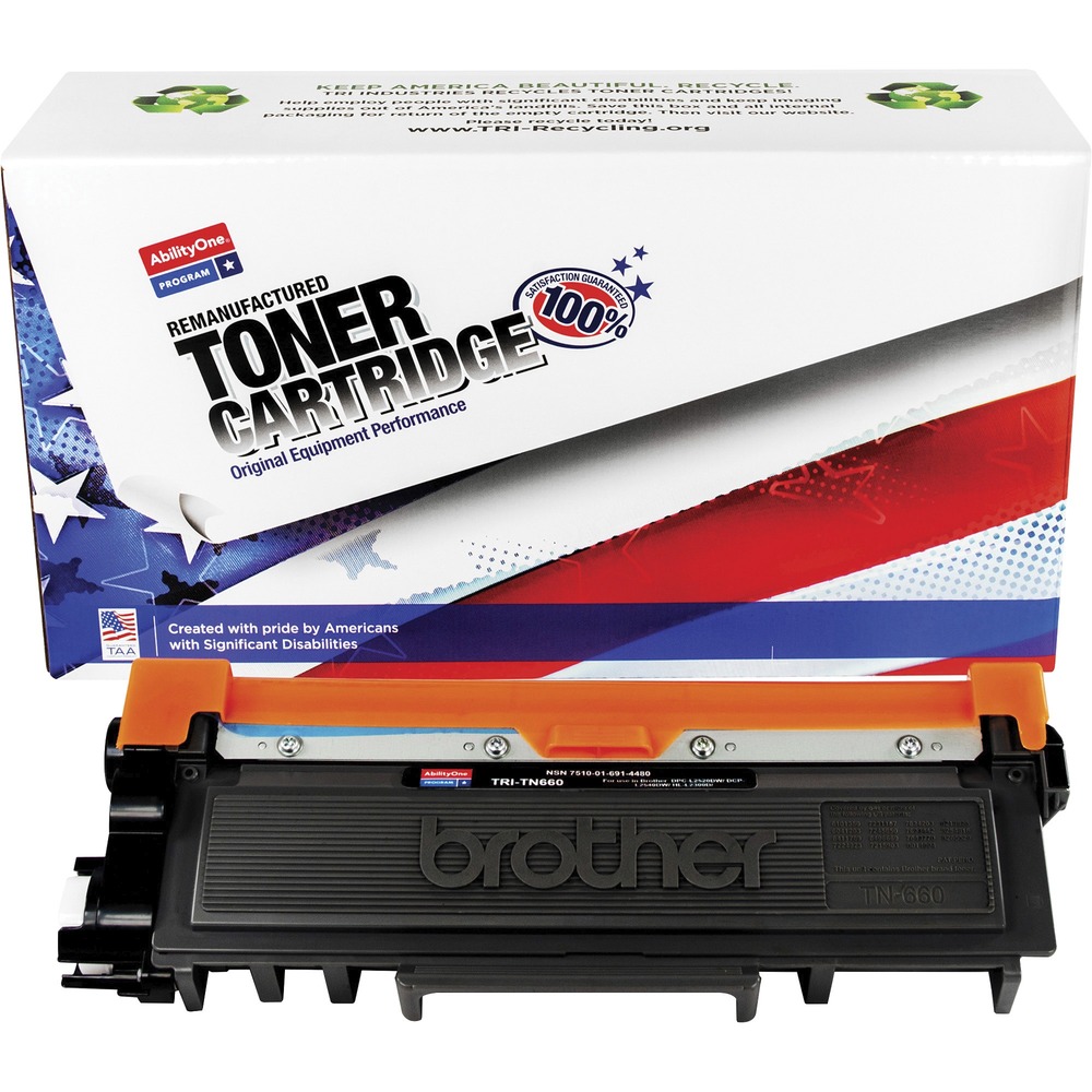NSN6914480 - Remanufactured toner cartridge is designed for use in Brother DPC-L2520DW, DCP-L2540DW, HL-L2300D, HL-L2305W, HL-L2320D, HL-L2340DW, HL- L2360DDW, HL-L2380DW, MFC-L2680W, MFC-L2700DW, MFC-L2705DW, MFC-2720DW and MFC-L2740DW. AbilityOne toner provides strategic opportunities to address a variety of customer needs including significant savings, guaranteed performance, compliance with executive orders and free recycling solutions. Plus, every purchase creates jobs for people with disabilities. TAA-compliant cartridge is assembled in the U.S.A., made using 35 percent post-consumer content and meets ISO 14001 recycling standards. High-yield cartridge yields approximately 2,600 pages.