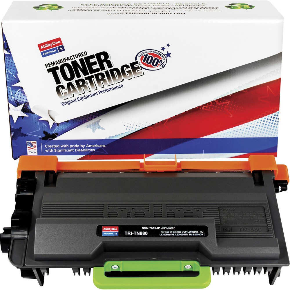 NSN6913207 - Remanufactured toner cartridge is designed for use in Brother DCP-L6600DW, HL-L6200DW, HL-L6200DWT, HL-L6250DN, HL-L6250DDW, HL-L6300DWT, HL-L6300DW, HL-L6400DW, HL-L6400DWT, MFC-L6700DW, MFC-L6750DW, MFC-L6800DW and MFC-L6900DW. AbilityOne toner provides strategic opportunities to address a variety of customer needs including significant savings, guaranteed performance, compliance with executive orders and free recycling solutions. Plus, every purchase creates jobs for people with disabilities. TAA-compliant cartridge is assembled in the U.S.A., made using 35 percent post-consumer content and meets ISO 14001 recycling standards. High-yield cartridge yields approximately 12,000 pages.