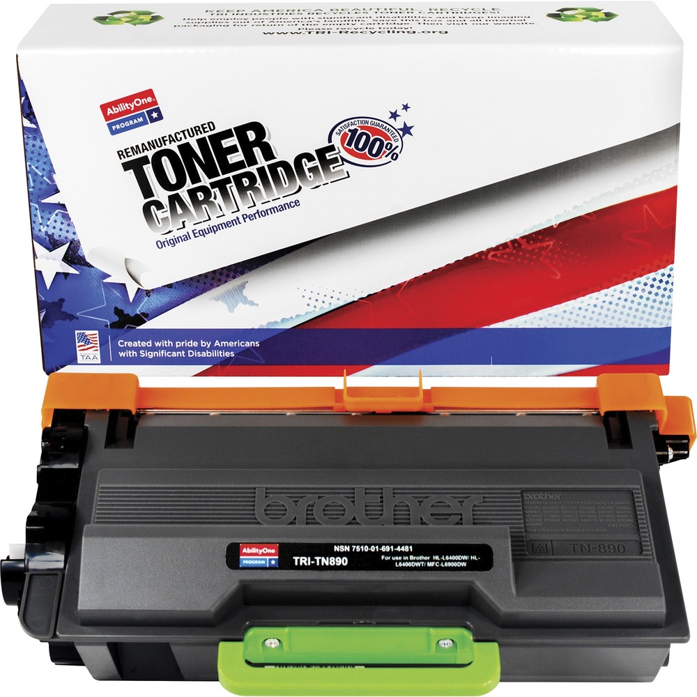 NSN6914481 - Remanufactured toner cartridge is designed for use in Brother HL-L6400DW, HL-L6400DWT and MFC-L6900DW. AbilityOne toner provides strategic opportunities to address a variety of customer needs including significant savings, guaranteed performance, compliance with executive orders and free recycling solutions. Plus, every purchase creates jobs for people with disabilities. TAA-compliant cartridge is assembled in the U.S.A., made using 35 percent post-consumer content and meets ISO 14001 recycling standards. Ultra high-yield cartridge yields approximately 20,000 pages.