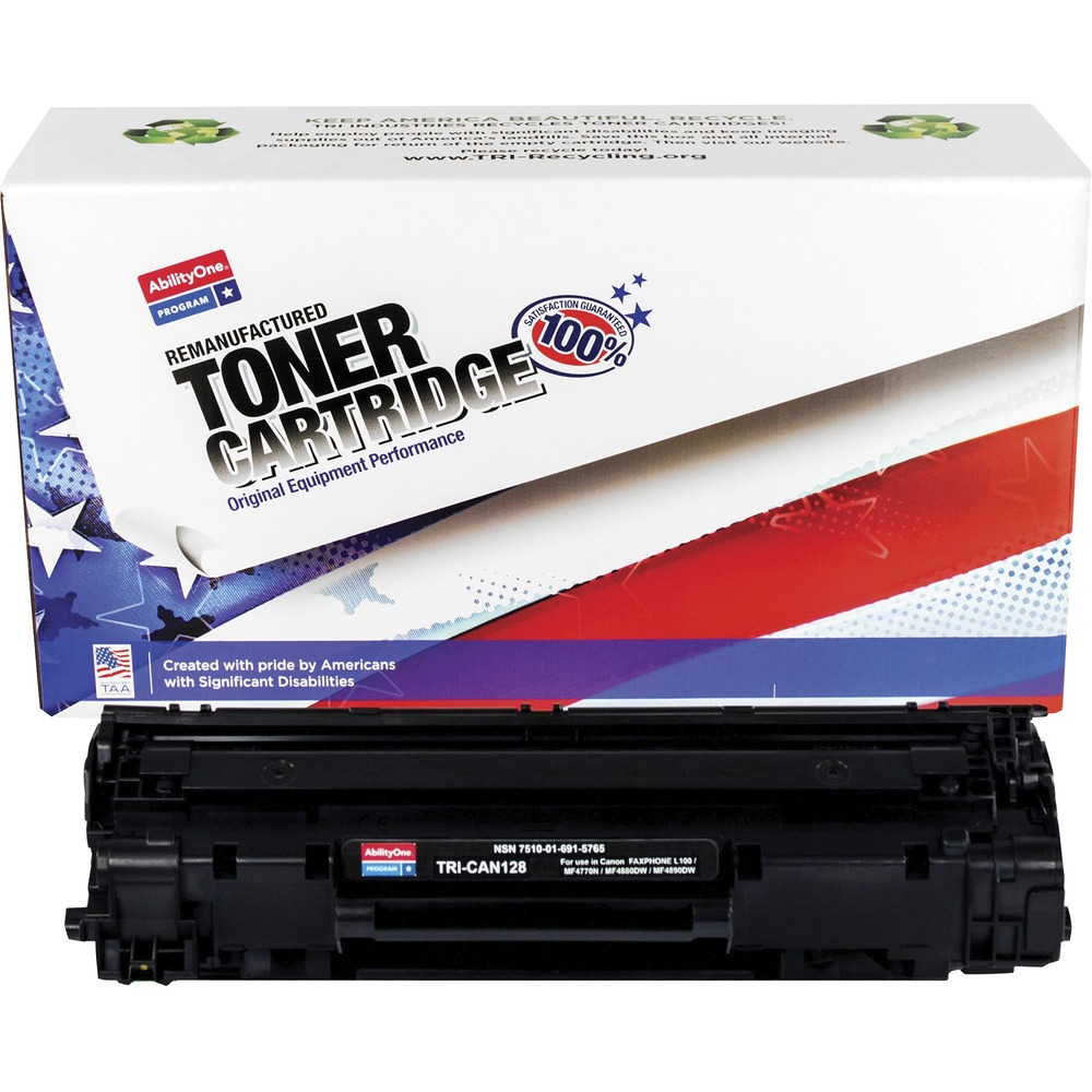 NSN6915765 - Remanufactured toner cartridge is designed for use in Canon FAXPHONE L100, L190; imageClass D530, D550, MF4412, MF4420, MF4450, MF4550, MF4570DN, MF4570DW, MF4580, MF4770N, MF4880DW and MF4890DW. AbilityOne toner provides strategic opportunities to address a variety of customer needs including significant savings, guaranteed performance, compliance with executive orders and free recycling solutions. Plus, every purchase creates jobs for people with disabilities. TAA-compliant cartridge is assembled in the U.S.A., made using 35 percent post-consumer content and meets ISO 14001 recycling standards. Cartridge yields approximately 2,100 pages.