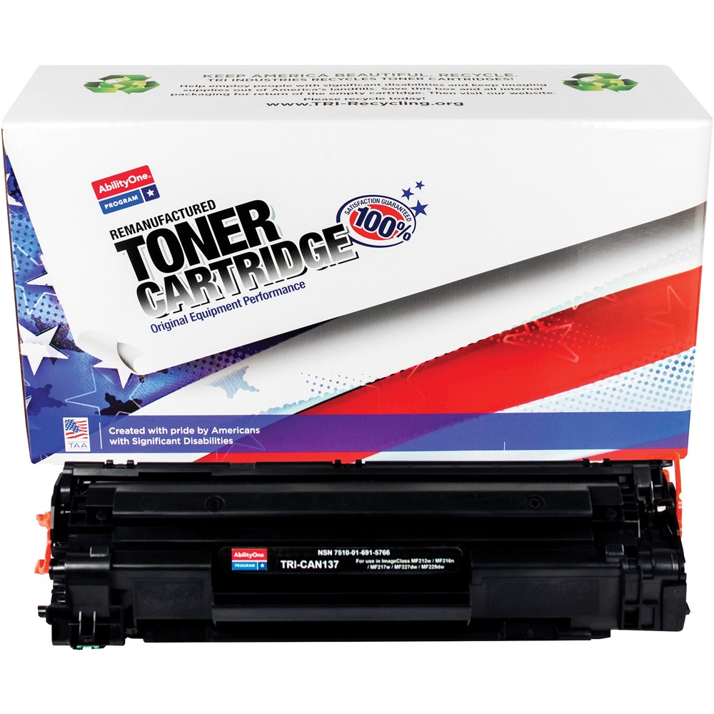 NSN6915766 - Remanufactured toner cartridge is designed for use in Canon imageClass MF212w, MF216n, MF217w, MF227dw and MF229dw. AbilityOne toner provides strategic opportunities to address a variety of customer needs including significant savings, guaranteed performance, compliance with executive orders and free recycling solutions. Plus, every purchase creates jobs for people with disabilities. TAA-compliant cartridge is assembled in the U.S.A., made using 35 percent post-consumer content and meets ISO 14001 recycling standards. Cartridge yields approximately 2,400 pages.