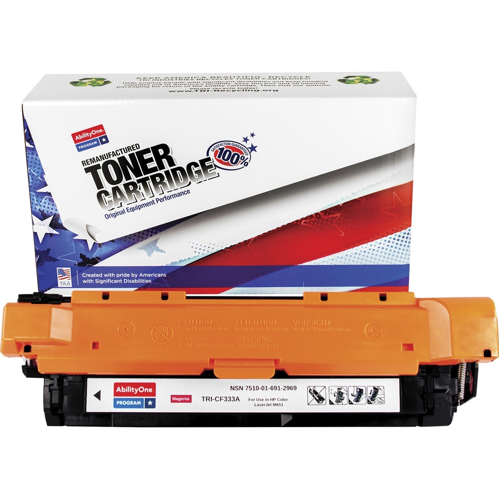 NSN6912969 - Remanufactured toner cartridge is designed for use in HP Color LaserJet Enterprise M651 Series. AbilityOne toner provides strategic opportunities to address a variety of customer needs including significant savings, guaranteed performance, compliance with executive orders and free recycling solutions. Plus, every purchase creates jobs for people with disabilities. TAA-compliant cartridge is assembled in the U.S.A., made using 35 percent post-consumer content and meets ISO 14001 recycling standards. Standard-yield cartridge yields approximately 15,000 pages.